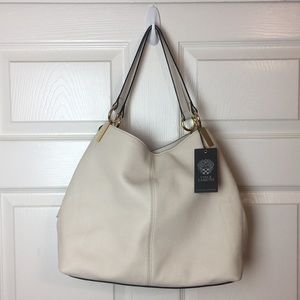 Vince Camuto cream tote, side zip, opens wide NWT